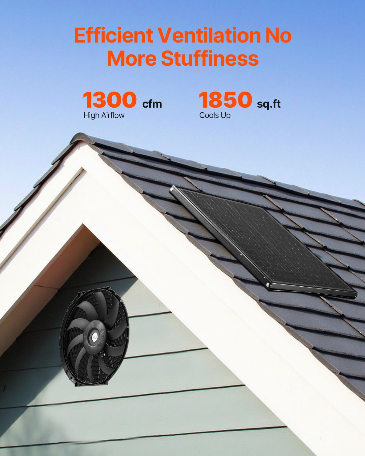 VEVOR Solarventilator, ventilatie, ventilator, Φ340x70 mm, zolderafzuigventilator met regelbare thermostaat, extern rooster, luchtstroomcapaciteit van 1300 CFM, voor zadeldak, dak, garage, werkplaats
