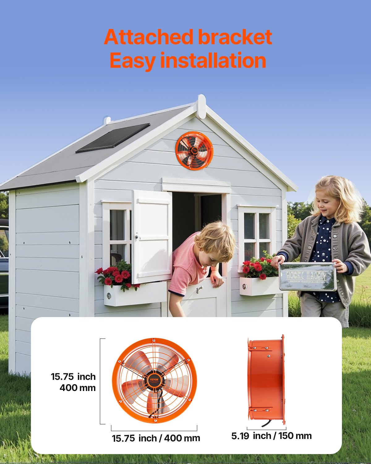 VEVOR Solar Fan, 400 x 150 mm, op zonne-energie werkende ventilator, zolderventilator met instelbare thermostaat, extern rooster, luchtstroomcapaciteit van 1300 CFM, voor zadeldak, dak, garage en werkplaats