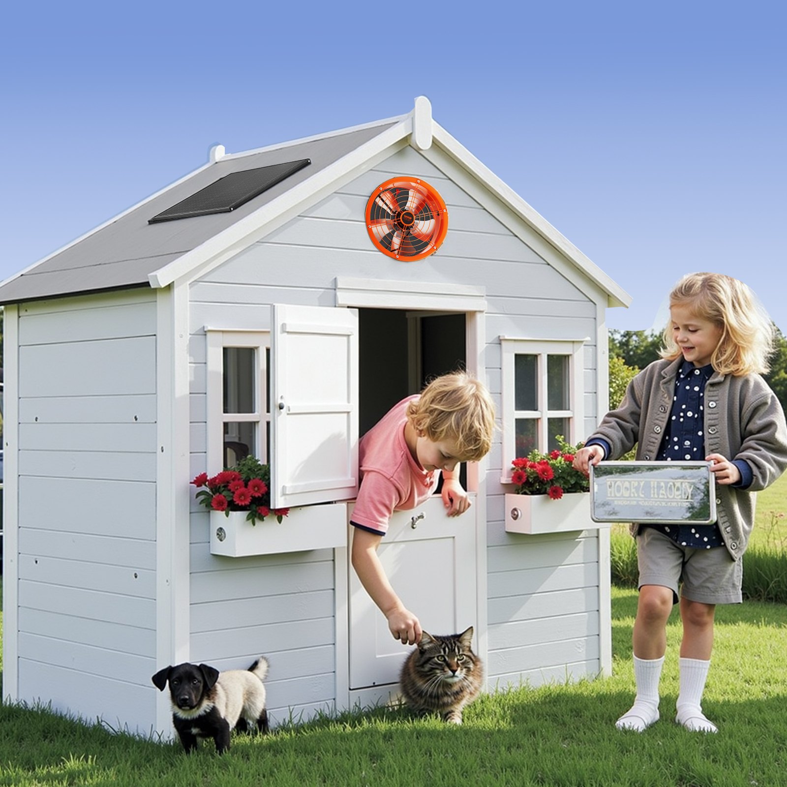 VEVOR Solar Fan, 400 x 150 mm, op zonne-energie werkende ventilator, zolderventilator met instelbare thermostaat, extern rooster, luchtstroomcapaciteit van 1300 CFM, voor zadeldak, dak, garage en werkplaats