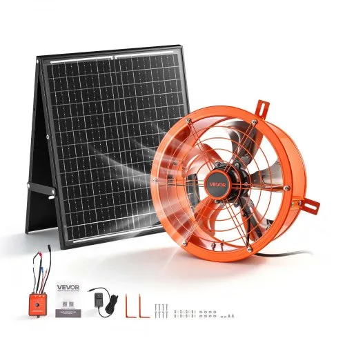 VEVOR Gevelventilator 30,5 cm, zolderventilator op zonne-energie, 1529,1 m³/u, oranje, 3-in-1 ventilatie, koeling en ontvochtiging voor zolders, kassen en opslagruimtes, stalen behuizing, met thermostaat en 35W zonnepaneel