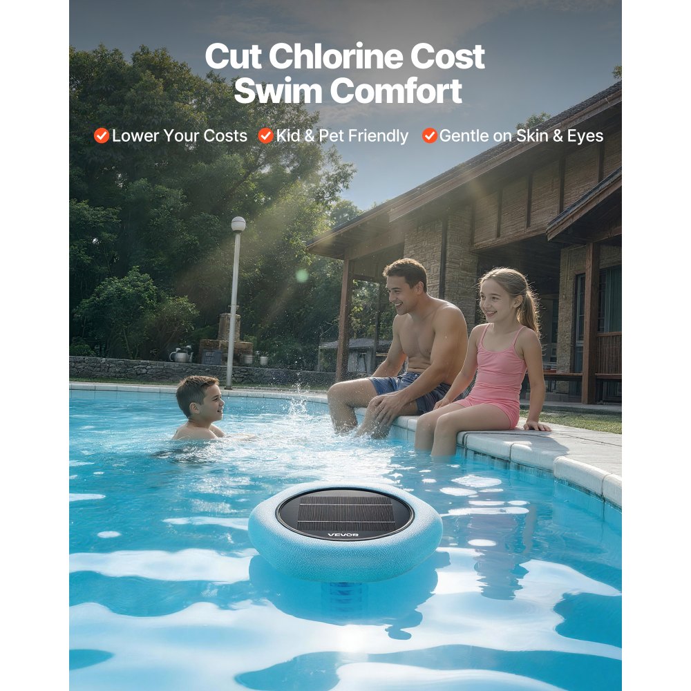 VEVOR Solar Zwembadionisator tot 170343 L, Drijvende Automatische Waterzuiveraar en Filter, Chloorvrij Water, Zeshoekige Koperen Zwembadionisator met Koperen Anodes, Veer, Borstel & Filter