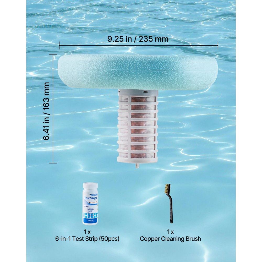VEVOR Solar Zwembadionisator tot 170343 L, Drijvende Automatische Waterzuiveraar en Filter, Chloorvrij Water, Zeshoekige Koperen Zwembadionisator met Koperen Anodes, Veer, Borstel & Filter