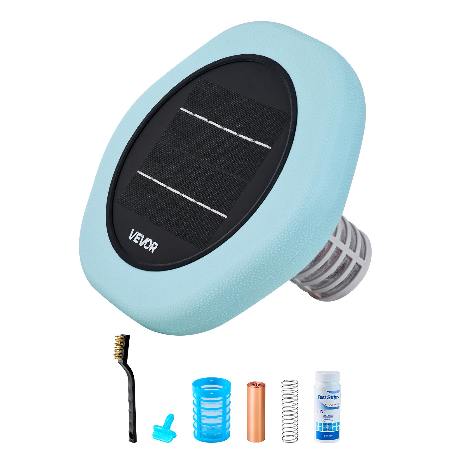 VEVOR Solar Zwembadionisator tot 170343 L, Drijvende Automatische Waterzuiveraar en Filter, Chloorvrij Water, Zeshoekige Koperen Zwembadionisator met Koperen Anodes, Veer, Borstel & Filter
