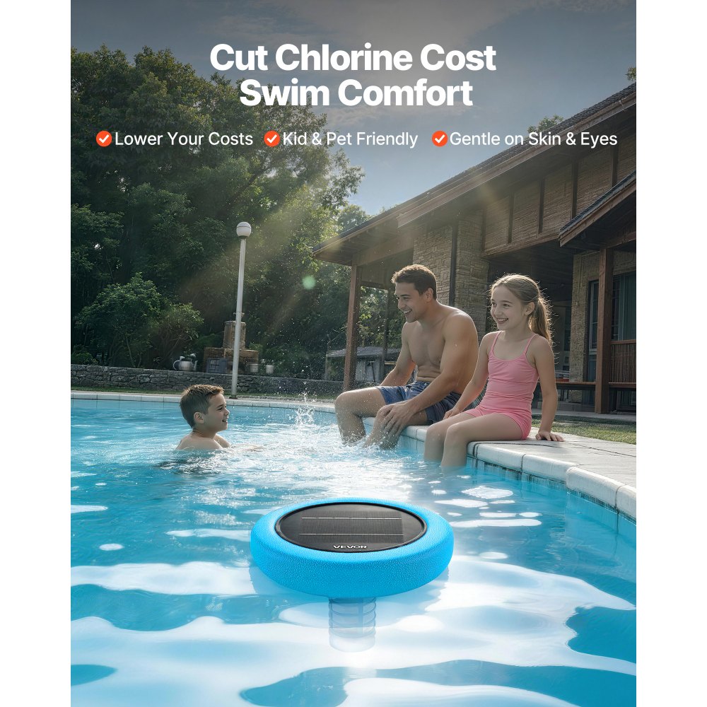 VEVOR Solar Pool Ionizer, Round Copper Pool Ionizer Up to 45000 Gal, Floating Automatic Water Cleaner and Purifier, Chlorine Free Water, with Copper Anode, Spring, Brush and Filter for Pools & Spas