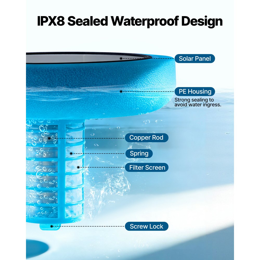 VEVOR Solar Pool Ionizer, Round Copper Pool Ionizer Up to 45000 Gal, Floating Automatic Water Cleaner and Purifier, Chlorine Free Water, with Copper Anode, Spring, Brush and Filter for Pools & Spas