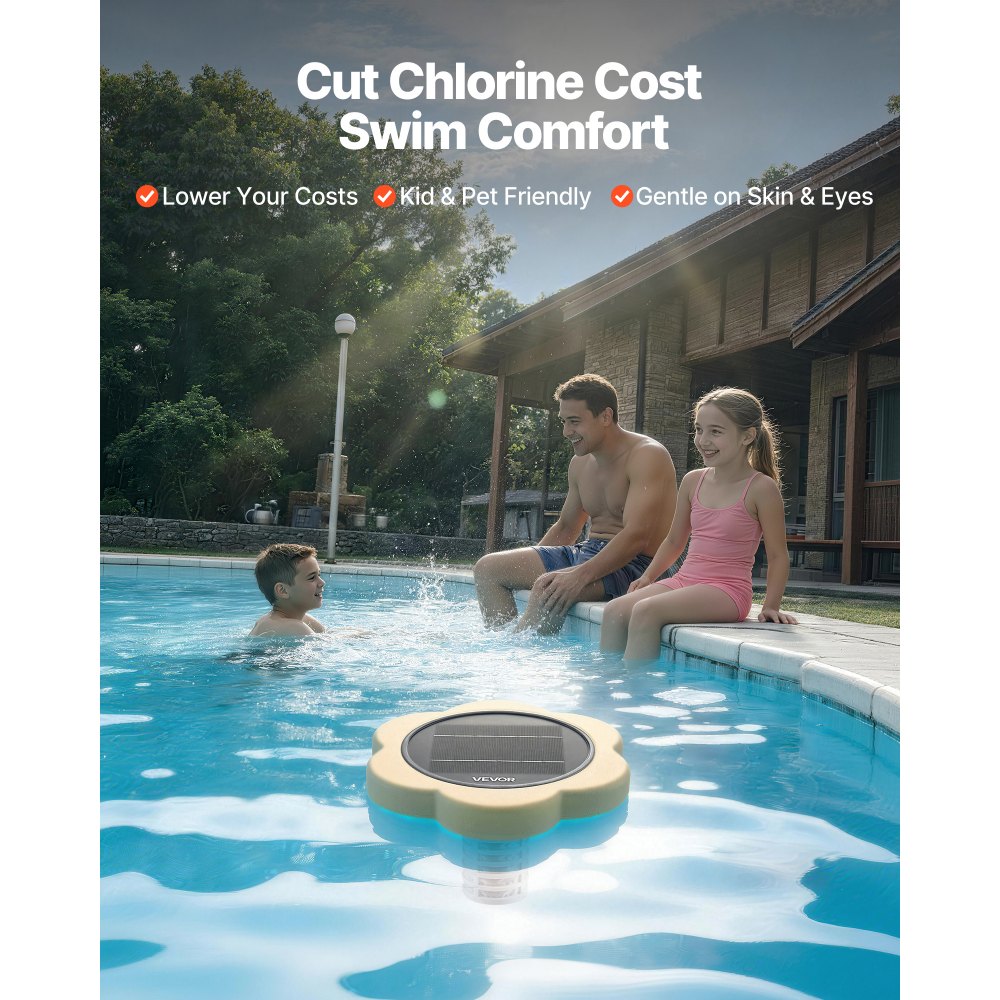 VEVOR Solar Pool Ionizer, Petal Copper Pool Ionizer Up to 45000 Gal, Floating Automatic Water Cleaner and Purifier, Chlorine Free Water, with Copper Anode, Spring, Brush and Filter for Pools & Spas