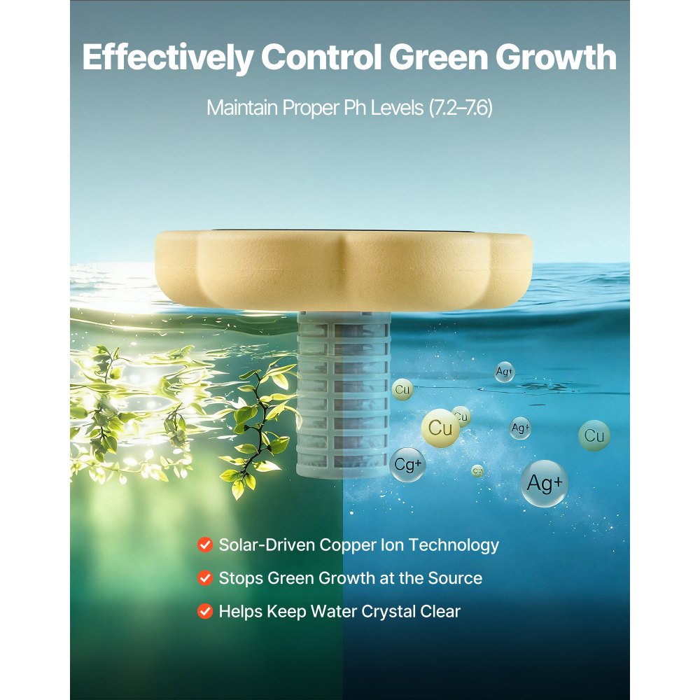 VEVOR Solar Pool Ionizer, Petal Copper Pool Ionizer Up to 45000 Gal, Floating Automatic Water Cleaner and Purifier, Chlorine Free Water, with Copper Anode, Spring, Brush and Filter for Pools & Spas