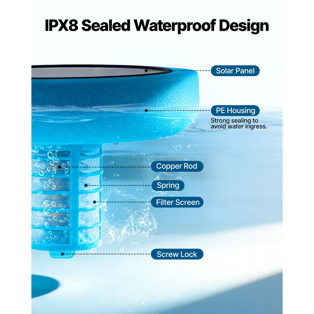 VEVOR Solar Pool Ionizer, Round Copper Pool Ionizer Up to 35000 Gal, Floating Automatic Water Cleaner and Purifier, Chlorine Free Water, with Copper Anode, Spring, Brush and Filter for Pools & Spas
