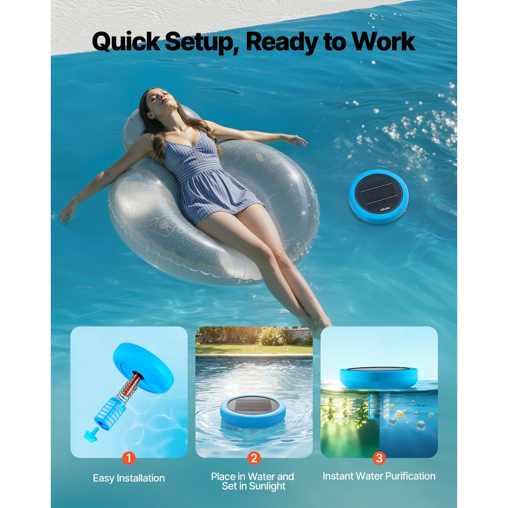 VEVOR Solar Pool Ionizer, Round Copper Pool Ionizer Up to 35000 Gal, Floating Automatic Water Cleaner and Purifier, Chlorine Free Water, with Copper Anode, Spring, Brush and Filter for Pools & Spas
