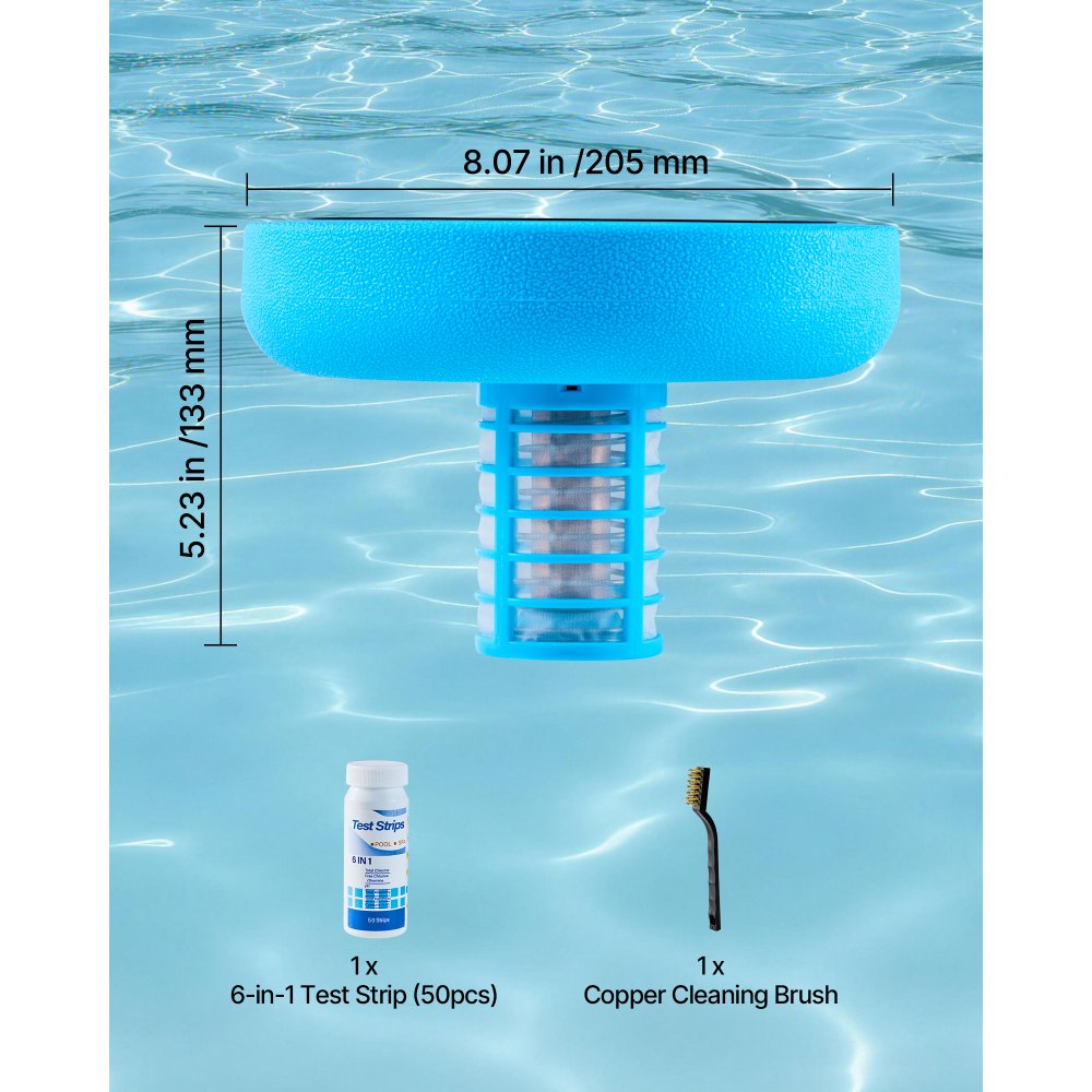 VEVOR Solar Zwembadionisator tot 132489 L, Drijvende Automatische Waterzuiveraar en Filter, Chloorvrij Water, Ronde Koperen Zwembadionisator met Koperen Anodes, Veer, Borstel & Filter voor Spa's