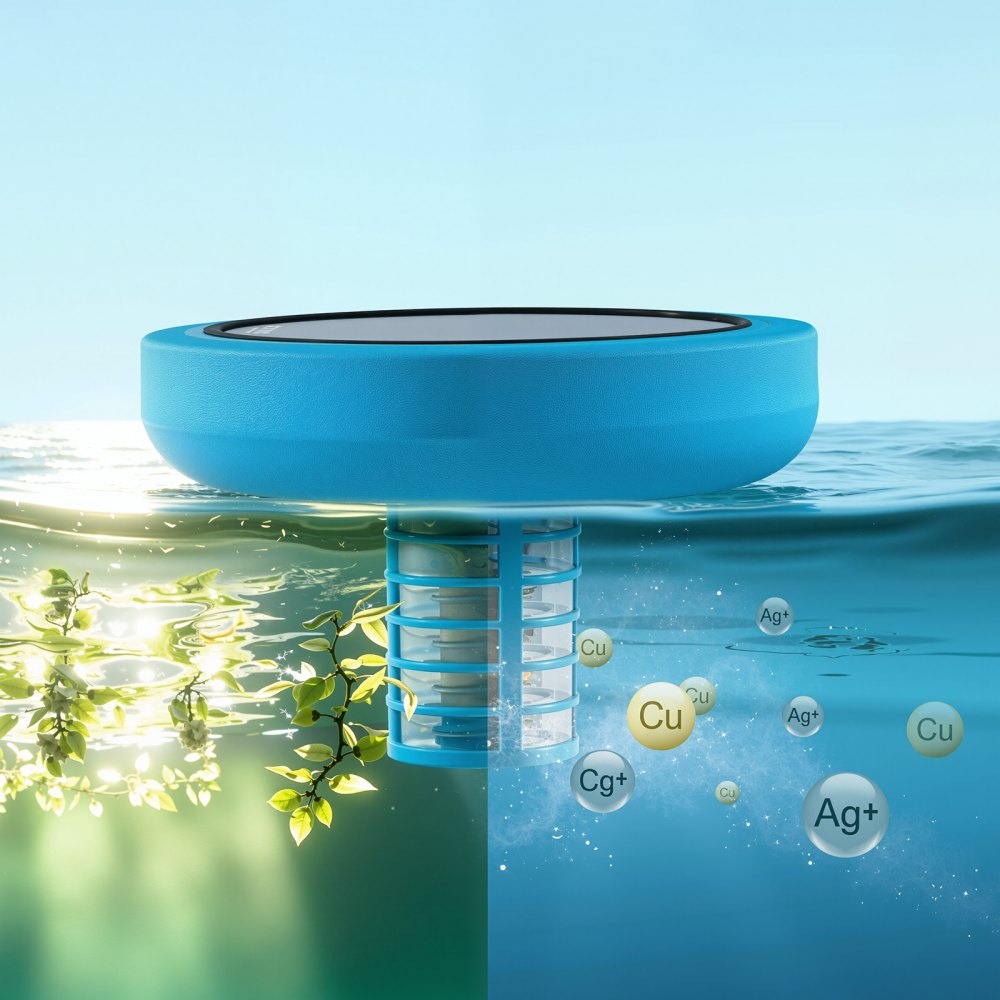 VEVOR Solar Zwembadionisator tot 132489 L, Drijvende Automatische Waterzuiveraar en Filter, Chloorvrij Water, Ronde Koperen Zwembadionisator met Koperen Anodes, Veer, Borstel & Filter voor Spa's