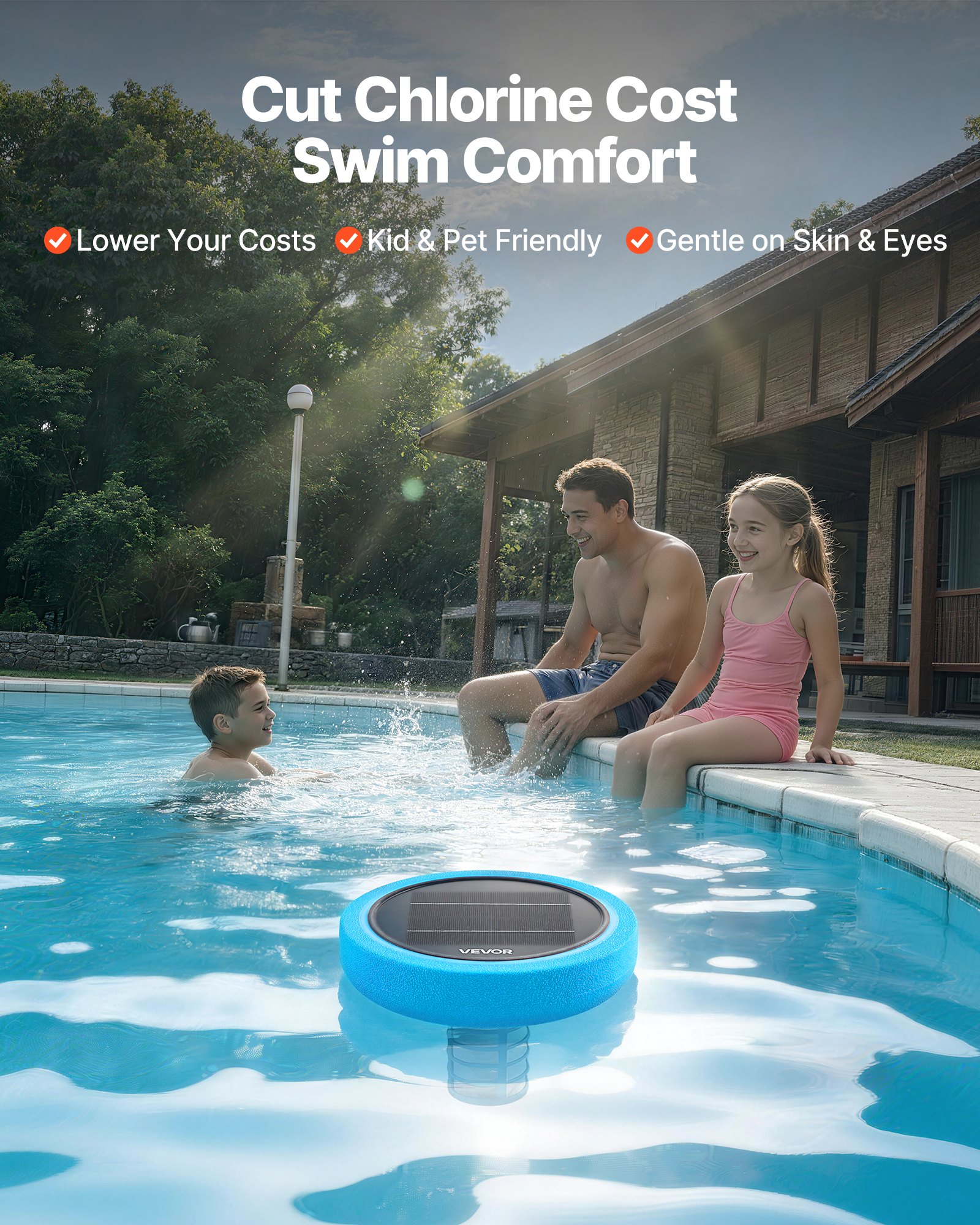 VEVOR Solar Pool Ionizer, Round Copper Pool Ionizer Up to 35000 Gal, Floating Automatic Water Cleaner and Purifier, Chlorine Free Water, with Copper Anode, Spring, Brush and Filter for Pools & Spas