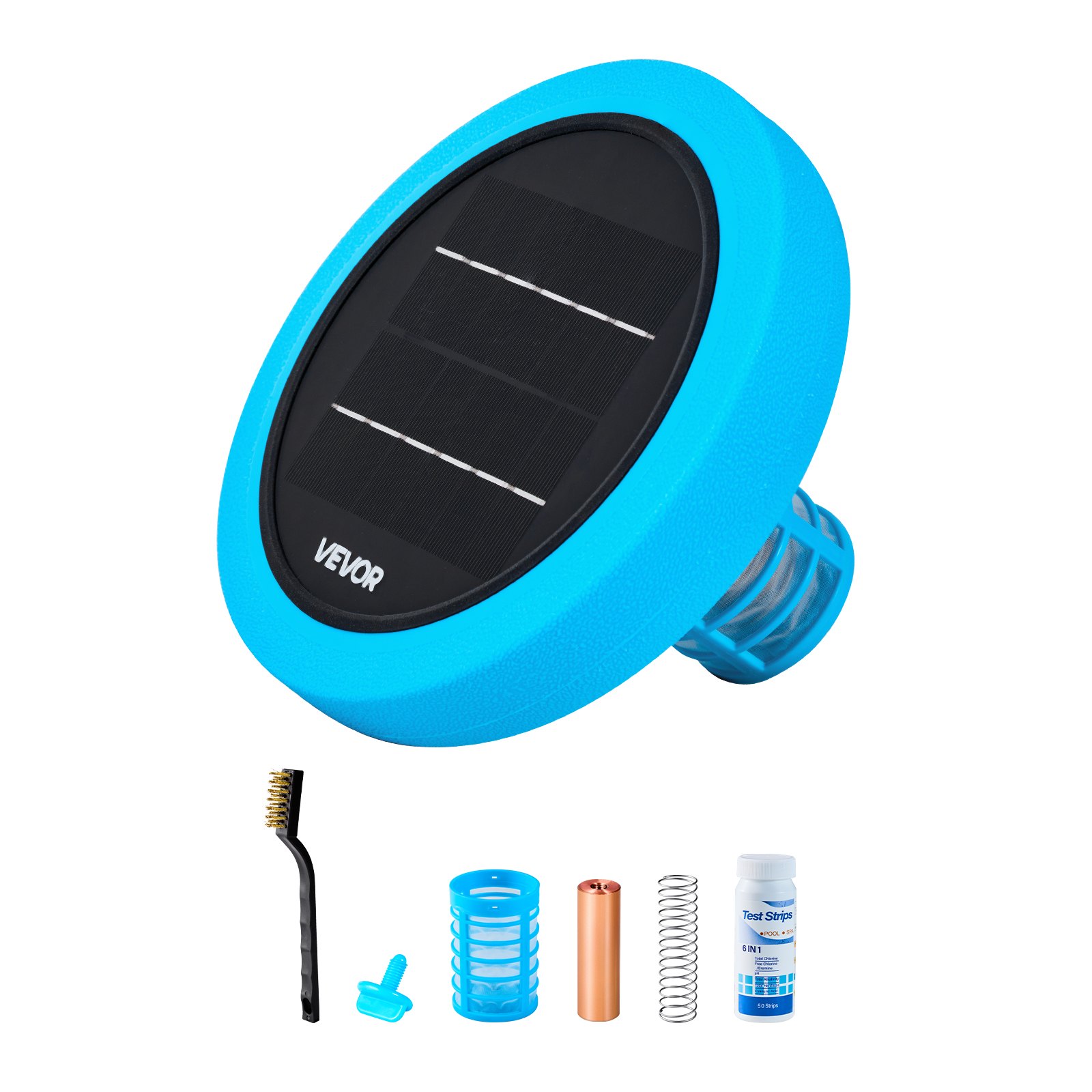VEVOR Solar Pool Ionizer, Round Copper Pool Ionizer Up to 35000 Gal, Floating Automatic Water Cleaner and Purifier, Chlorine Free Water, with Copper Anode, Spring, Brush and Filter for Pools & Spas