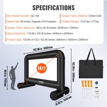 VEVOR opblaasbaar projectieprojectiescherm gemaakt van PVC 85" 1080P, 4K, 3D, HDR buiten draagbaar projectorscherm filmscherm 16:9 voor thuisbioscoop, tuin, camping, vrijetijdsevenementen enz.