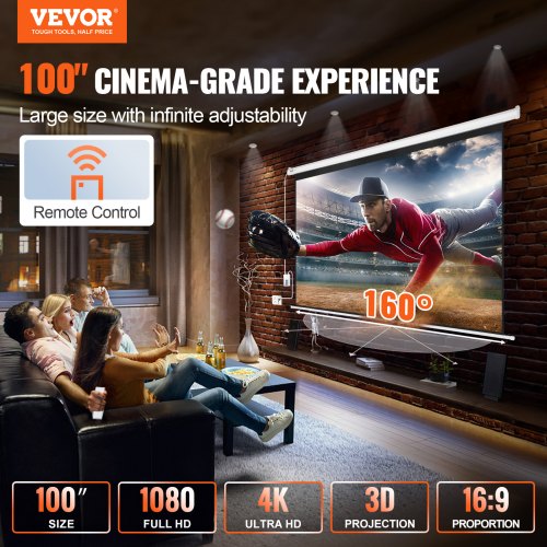 VEVOR Gemotoriseerd Projectiescherm, 100-inch 16:9 4K 1080 HD Elektrisch Projectiescherm Automatisch Projectiescherm Met Afstandsbediening Aan