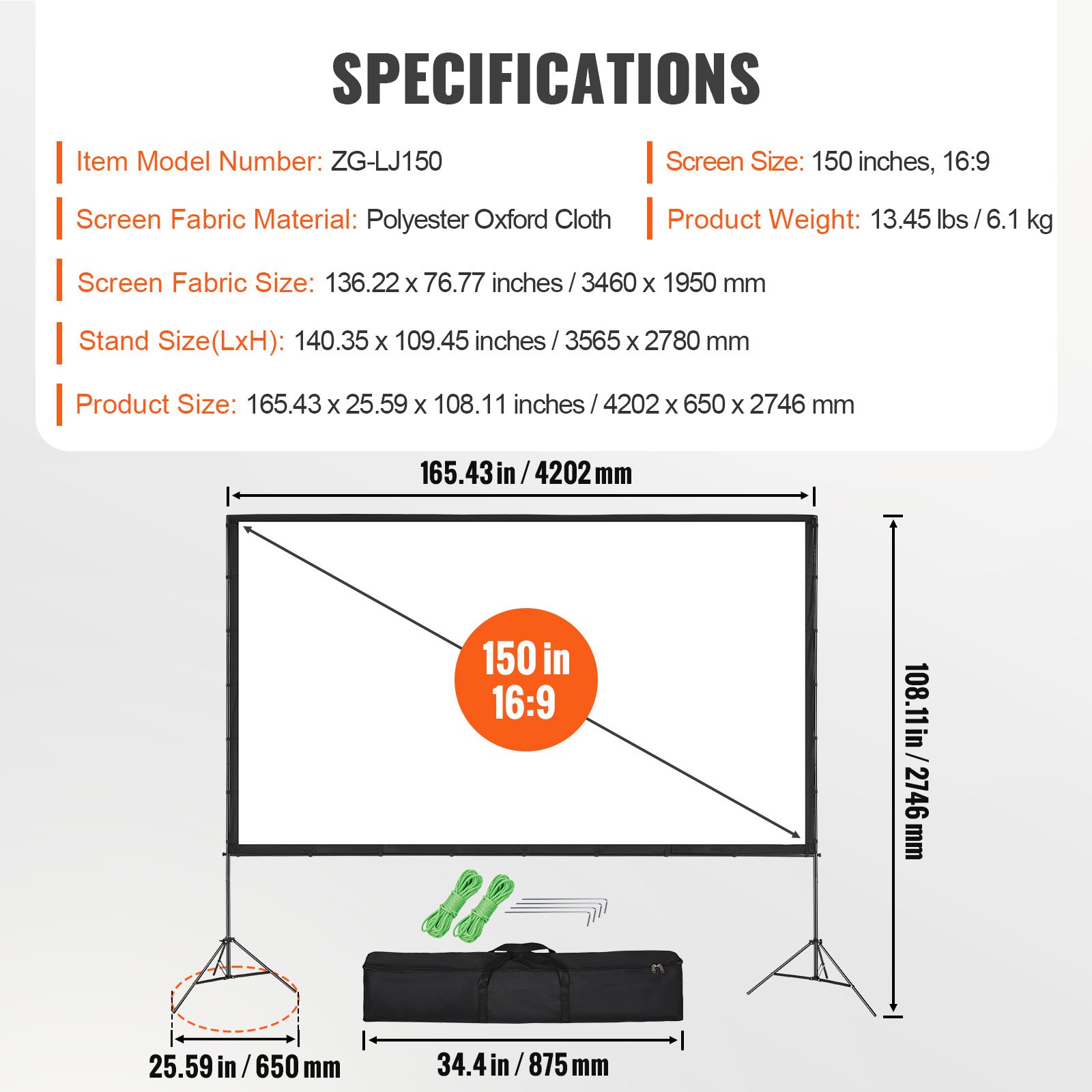 VEVOR Projectiescherm met standaard 150 inch HD 4K Buiten- en Binnenprojectiescherm Snel opvouwbaar draagbaar filmscherm 16:9 voor thuisbioscoop, kamperen en vrijetijdsevenementen Zwart