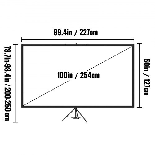 VEVOR Projectiescherm 254 cm Projectorscherm 16:9 Projector Screen van Polyester en Aluminiumlegering met Verstelbaar Aluminium Statief en 160 Graden Kijkhoek voor Thuisbioscoop, Vergaderruimte, enz
