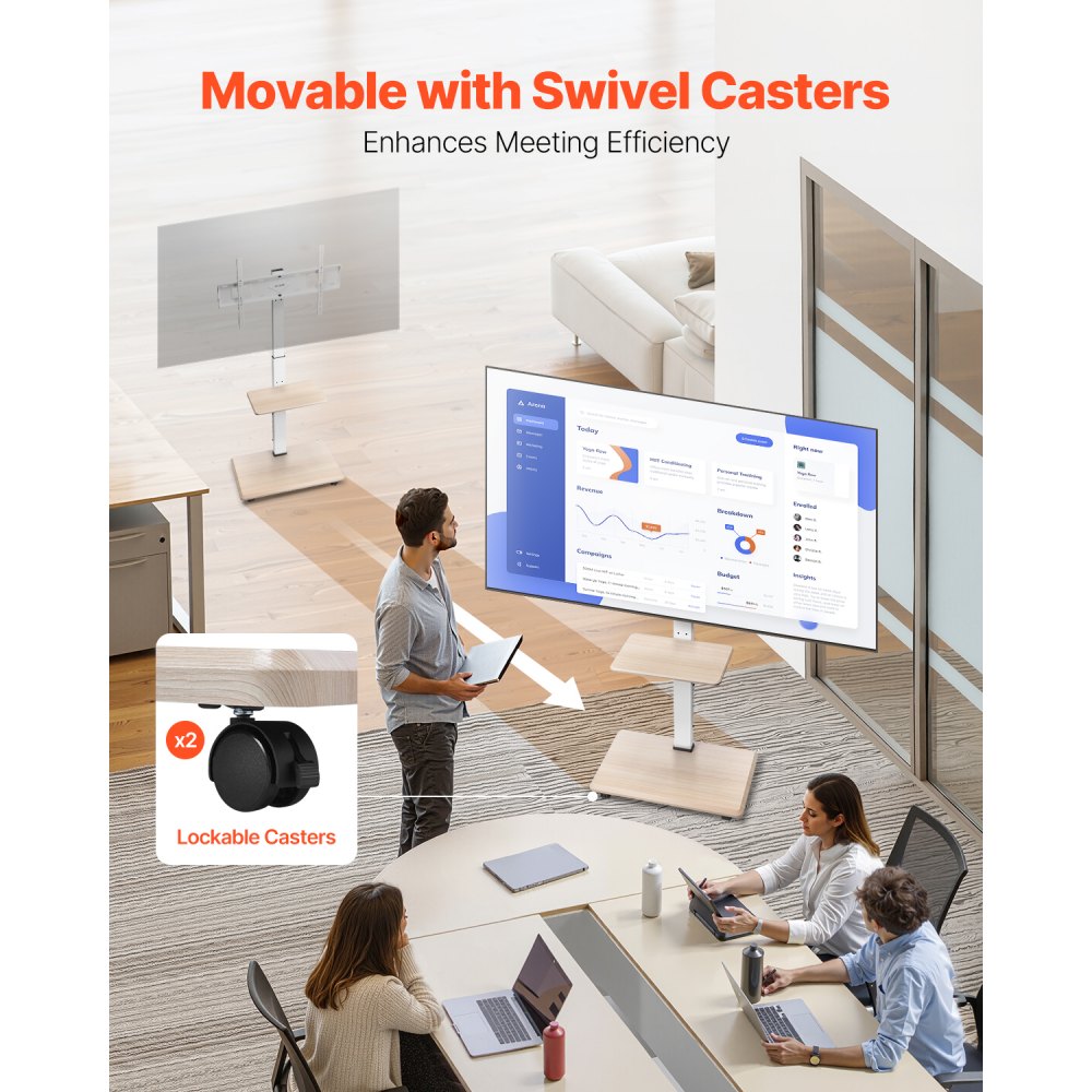 VEVOR Rollende TV-standaard voor 812,8-1778 mm TV's tot 40 kg, 25° links-rechts draaibaar en in hoogte verstelbare TV-beugel met plank voor slaapkamer/woonkamer (max. 600 x 400 mm)