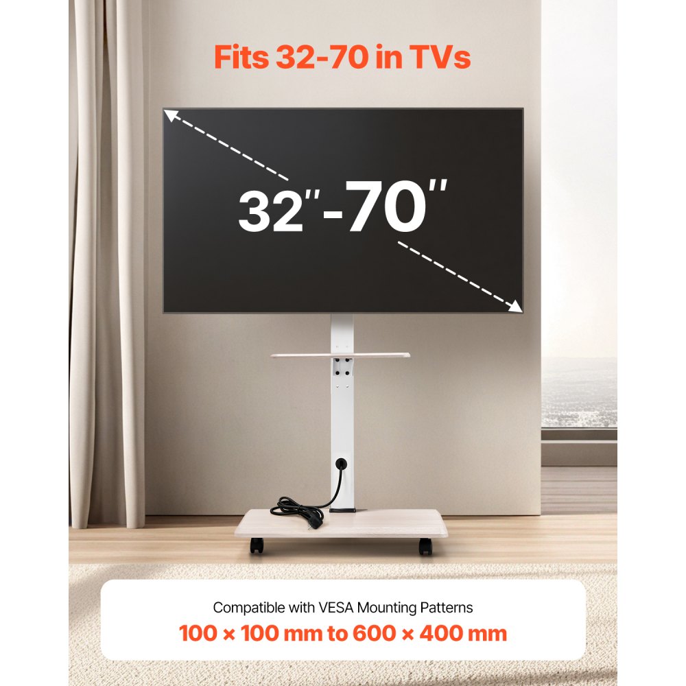 VEVOR Rollende TV-standaard voor 812,8-1778 mm TV's tot 40 kg, 25° links-rechts draaibaar en in hoogte verstelbare TV-beugel met plank voor slaapkamer/woonkamer (max. 600 x 400 mm)
