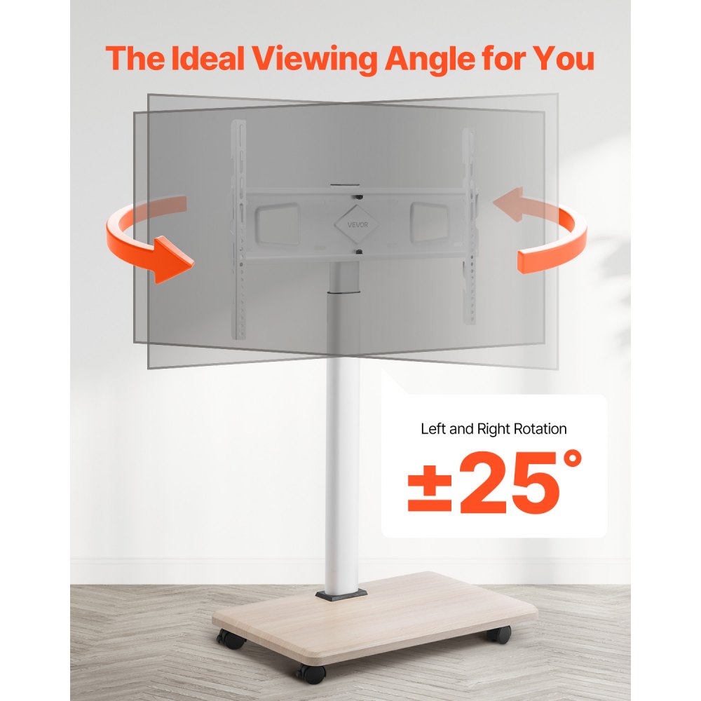 VEVOR Rollende TV-standaardwagen voor 812,8-1778 mm tv's tot 45 kg, 25° links-rechtsrotatie en in hoogte verstelbare tv-beugel met plank voor hoekslaapkamer/woonkamer (max. 600 x 400 mm)