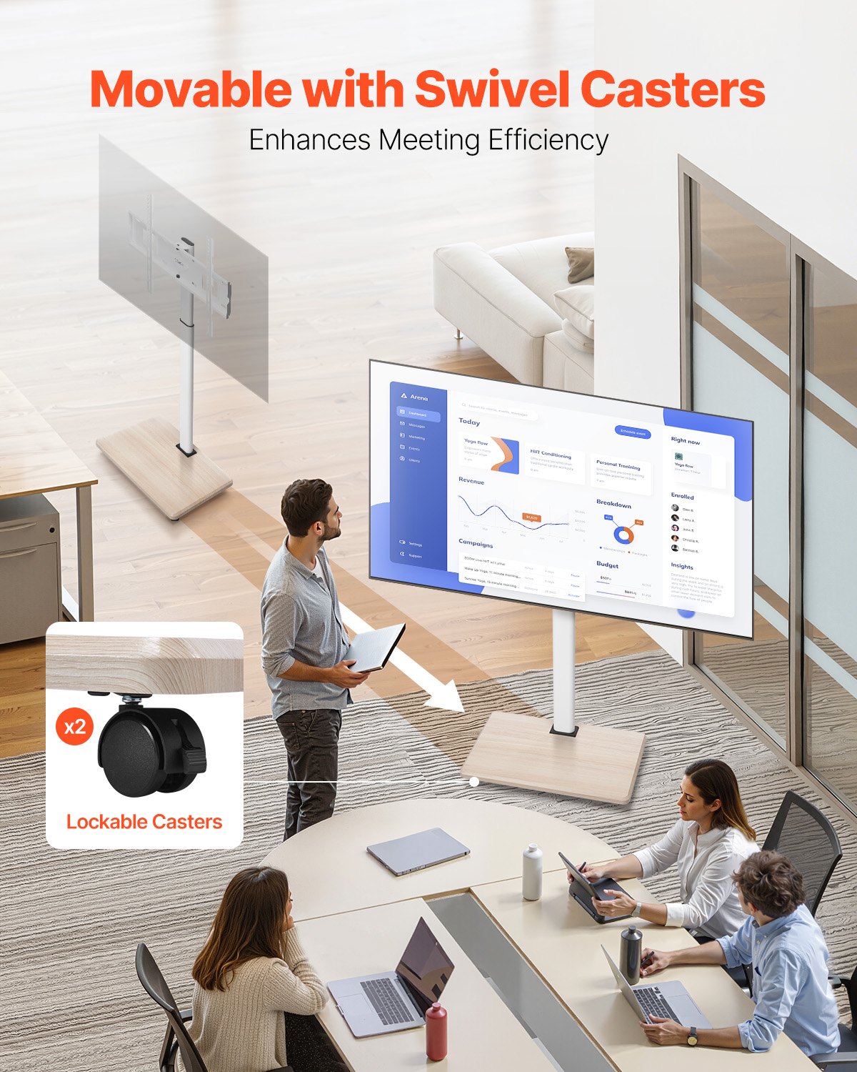 VEVOR Rollende TV-standaardwagen voor 812,8-1778 mm tv's tot 45 kg, 25° links-rechtsrotatie en in hoogte verstelbare tv-beugel met plank voor hoekslaapkamer/woonkamer (max. 600 x 400 mm)