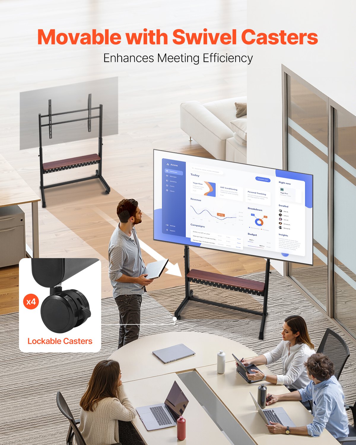 VEVOR Rollende TV-standaardwagen voor schermen van 1397-2540 mm, in hoogte verstelbare draagbare monitorstandaard met plank tot 92,99 kg voor woonkamer, slaapkamer, kantoor (max. VESA 800 x 600 mm)