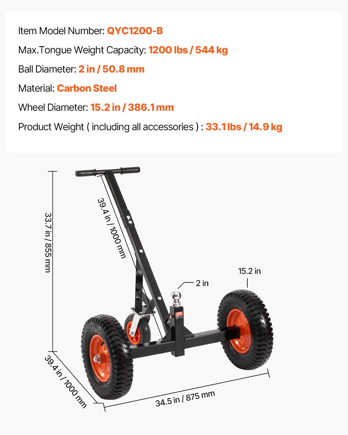 VEVOR Trailer Dolly, 544 kg disseldraagvermogen, 460 & 560 mm verstelbare hoogte, 50,8 mm kogel, 386 mm luchtbanden, koolstofstaal, voor het verplaatsen van campertrailers