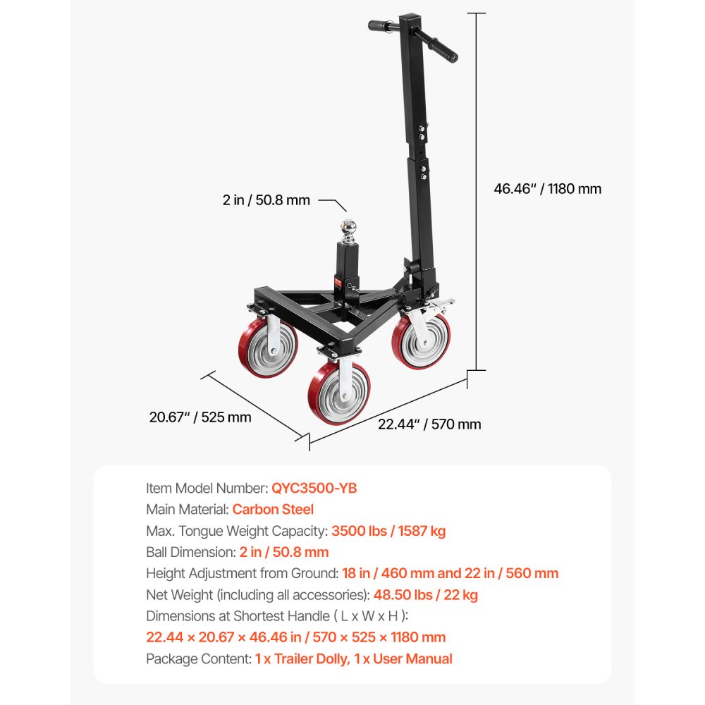 VEVOR Trailer Dolly, 3500lbs Tongue Weight Capacity, 18 inch and 22 inch Height Adjustable Trailer Dolly, with 2 inch Hitch Ball, Adjustable Handle Length, 8-inch Swivel Wheels, for Moving RV Trailer