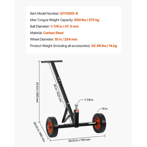 VEVOR Trailer-transportwagen, rangeerhulp, 190 kg steunbelasting, 40 cm