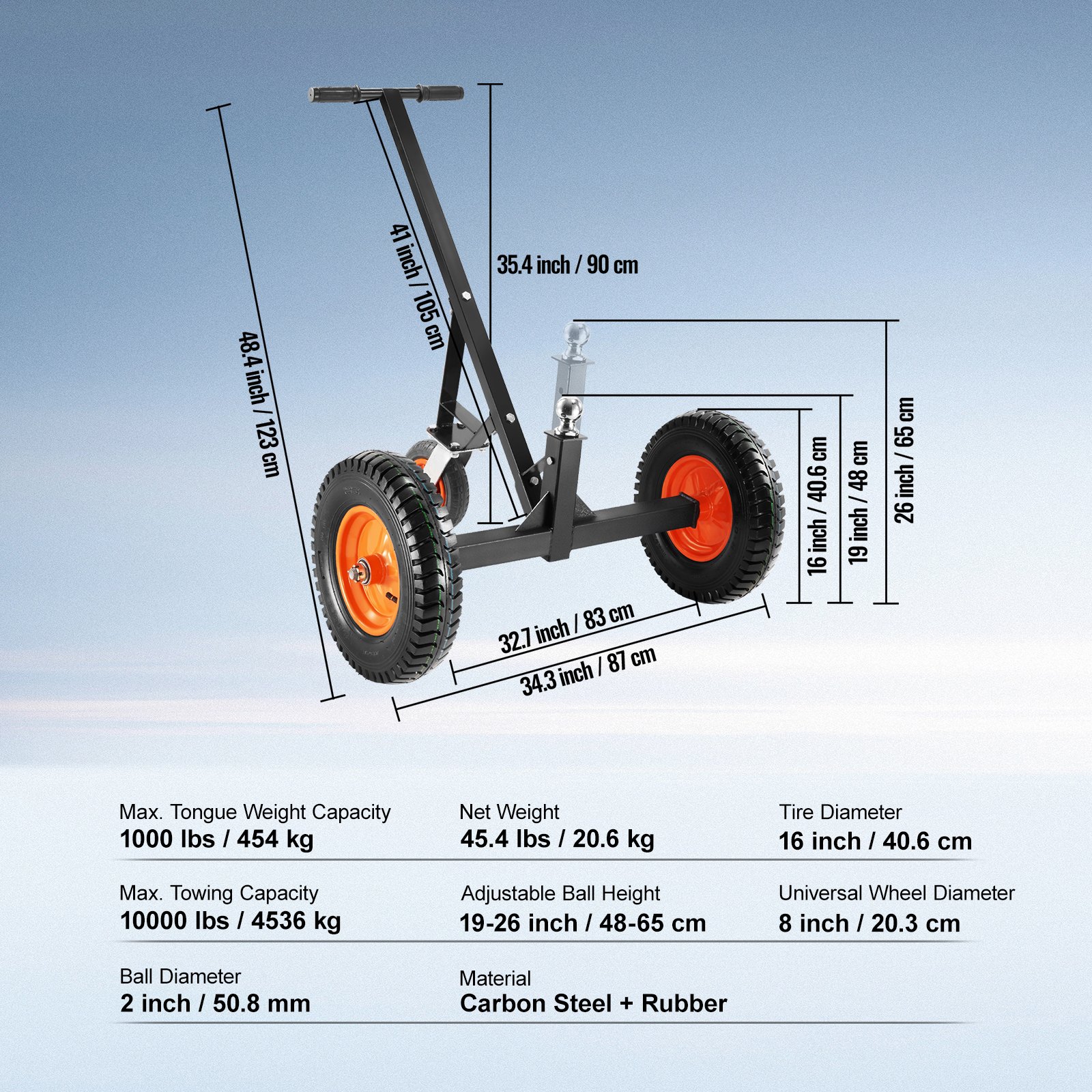 VEVOR Adjustable Trailer Dolly, 1000lbs Tongue Weight Capacity, Carbon Steel Trailer Mover with 19''-26'' Adjustable Height & 2'' Ball, 16'' Pneumatic Tires & Universal Wheel, for Moving RV Trailer