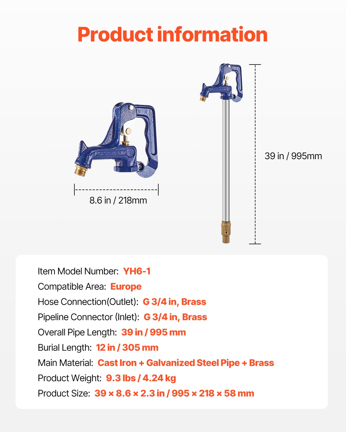 VEVOR vorstbestendige tuinkraan, 995 mm buitenkraan met 305 mm gronddiepte, G 3/4 inch buisaansluiting en G 3/4 inch slangkoppeling, robuuste gietijzeren brandkraan voor tuin-, irrigatiesystemen op de boerderij
