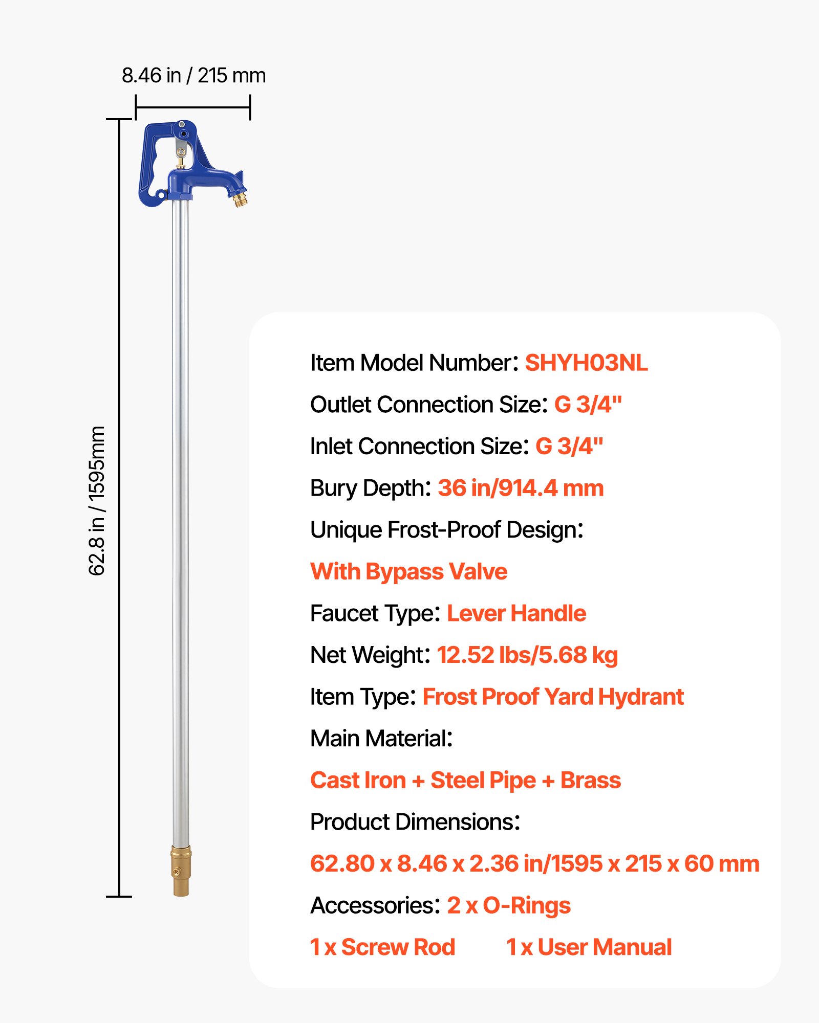 VEVOR vorstbestendige tuinkraan, 1595 mm, buitenkraan met 91,4 cm ingraafdiepte, G 3/4 inch buisaansluiting en slangkoppeling, loodvrije brandkraan voor irrigatie van tuin en boerderij