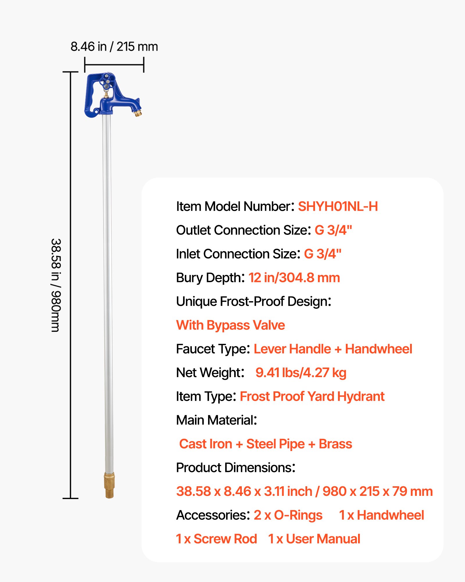 VEVOR vorstbestendige tuinkraan, 980 mm, buitenkraan met 304,8 mm ingraafdiepte, G 3/4 inch buisaansluiting, hendel + handwiel, loodvrije tuinkraan voor irrigatie van tuin en boerderij