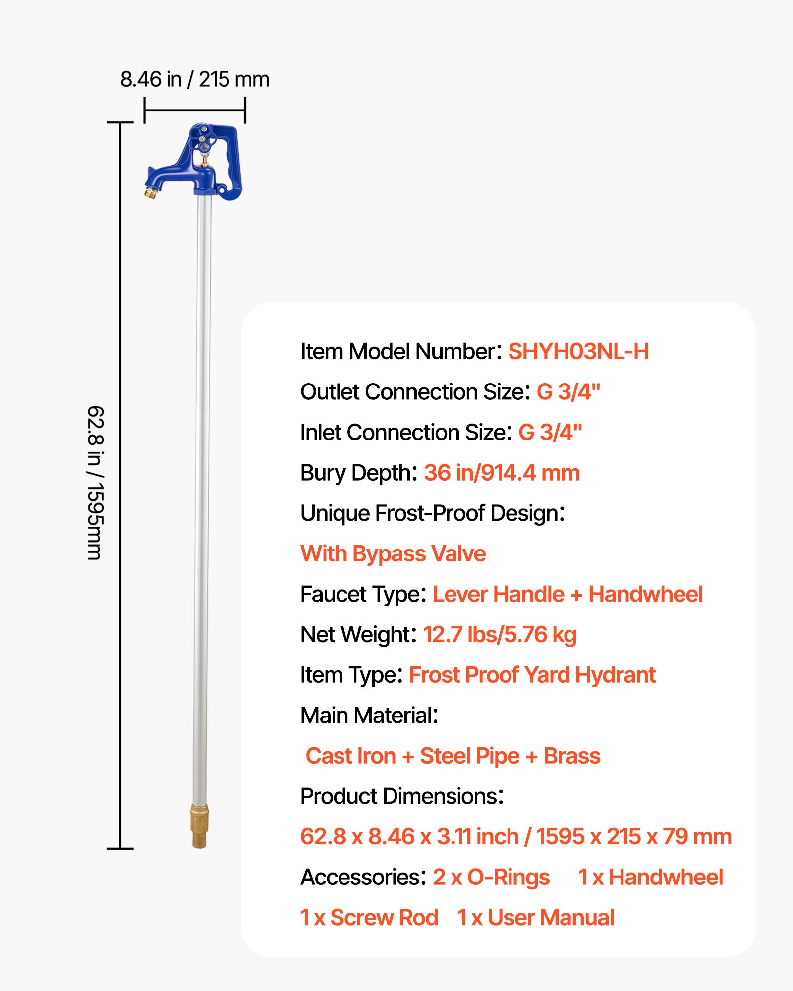 VEVOR vorstbestendige tuinkraan, 1595 mm, buitenkraan met een inbouwdiepte van 914,4 mm, G 3/4 inch buisaansluiting, hendel + handwiel, loodvrije kraan voor tuin- en landbouwberegening.
