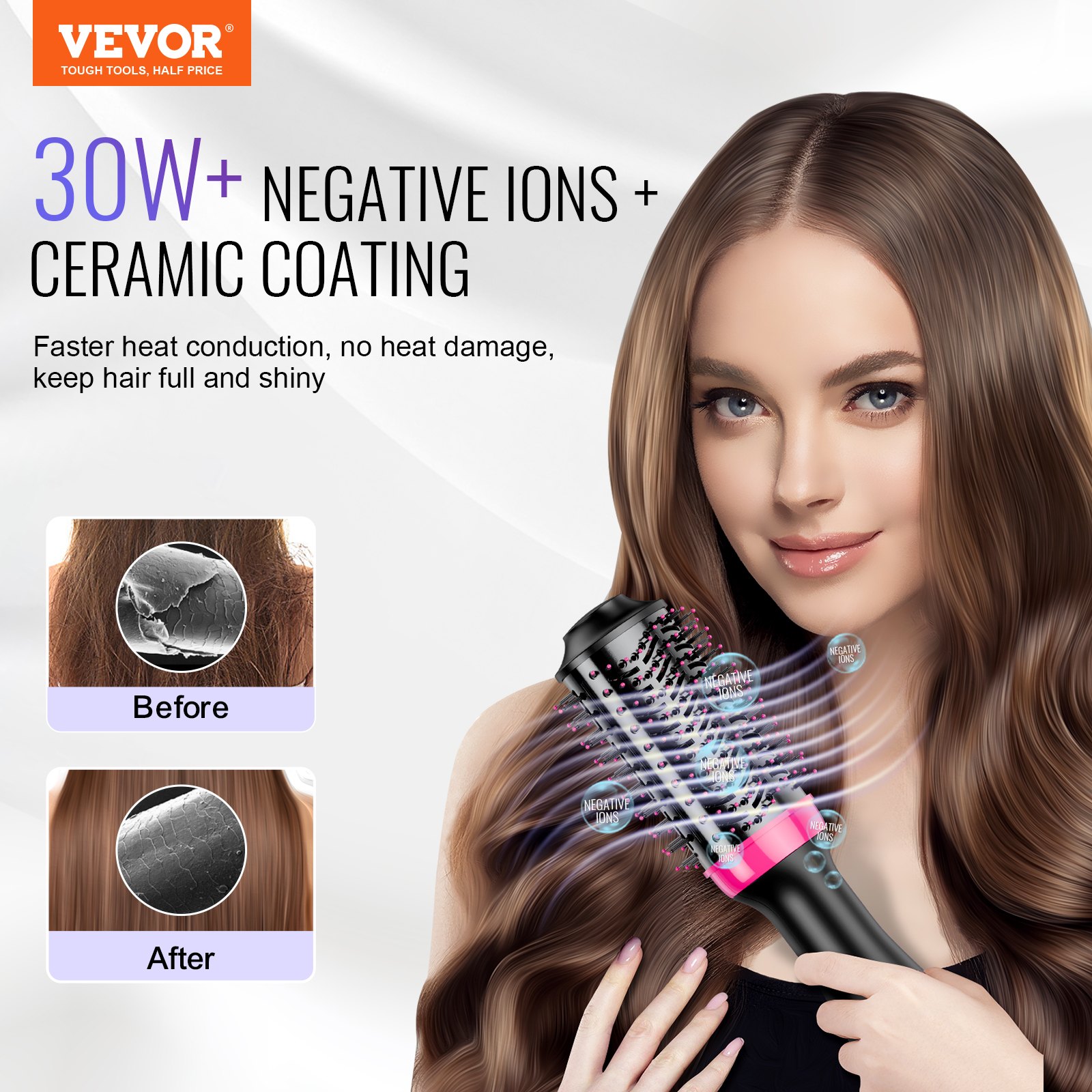 VEVOR Heteluchtborstelset, 4-in-1 airstyler, haarstyler met 65 mm ovale cilinder met keramische coating en 3 warmtestanden, professionele heteluchtstylingborstel voor het stijlen, drogen en krullen