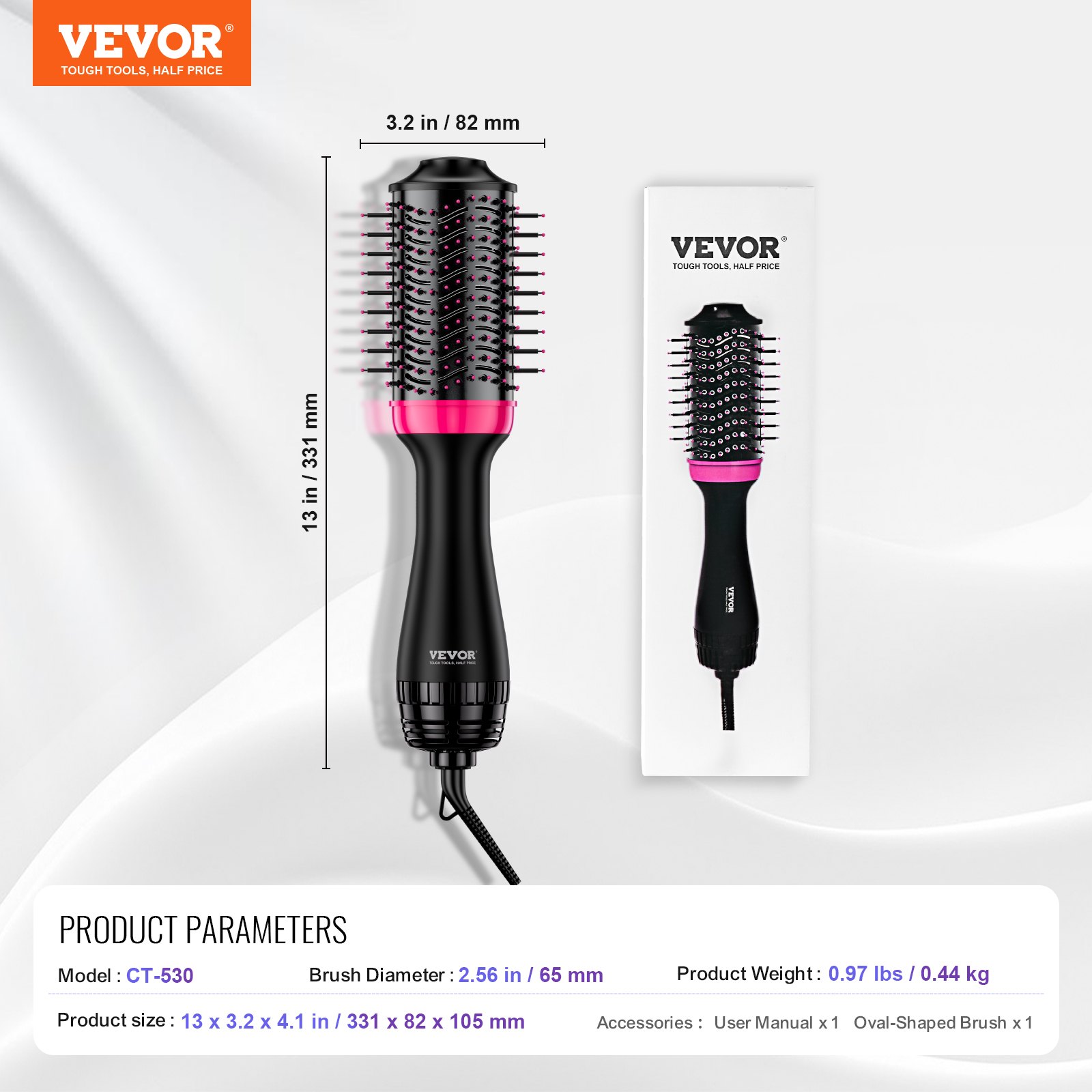 VEVOR Heteluchtborstelset, 4-in-1 airstyler, haarstyler met 65 mm ovale cilinder met keramische coating en 3 warmtestanden, professionele heteluchtstylingborstel voor het stijlen, drogen en krullen