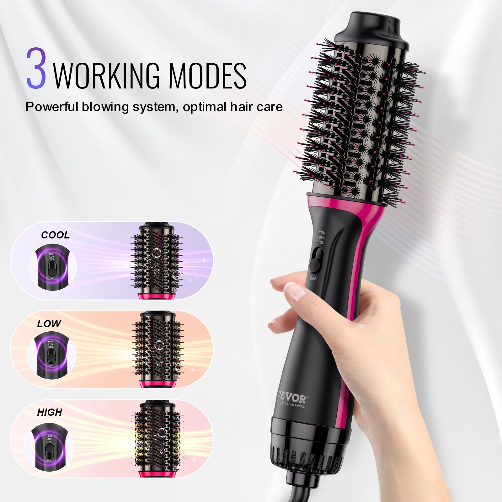 VEVOR Heteluchtborstel, 4-in-1 haarstyler en volumizer met gegalvaniseerd titanium en 65 mm ovale cilinder met keramische coating, 3-snelheden heteluchtborstel voor drogen, stijlen en krullen