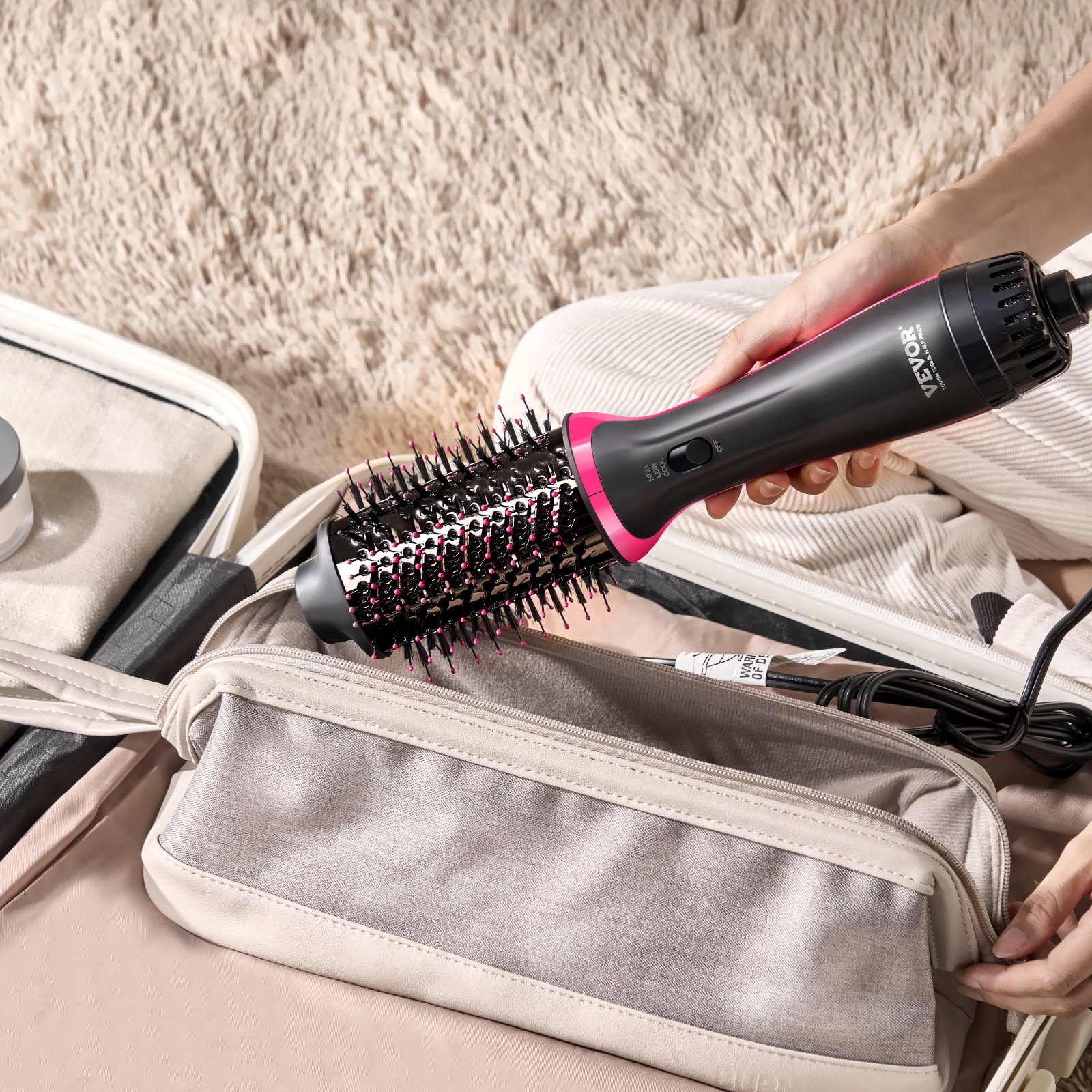 VEVOR Heteluchtborstel, 4-in-1 haarstyler en volumizer met gegalvaniseerd titanium en 65 mm ovale cilinder met keramische coating, 3-snelheden heteluchtborstel voor drogen, stijlen en krullen