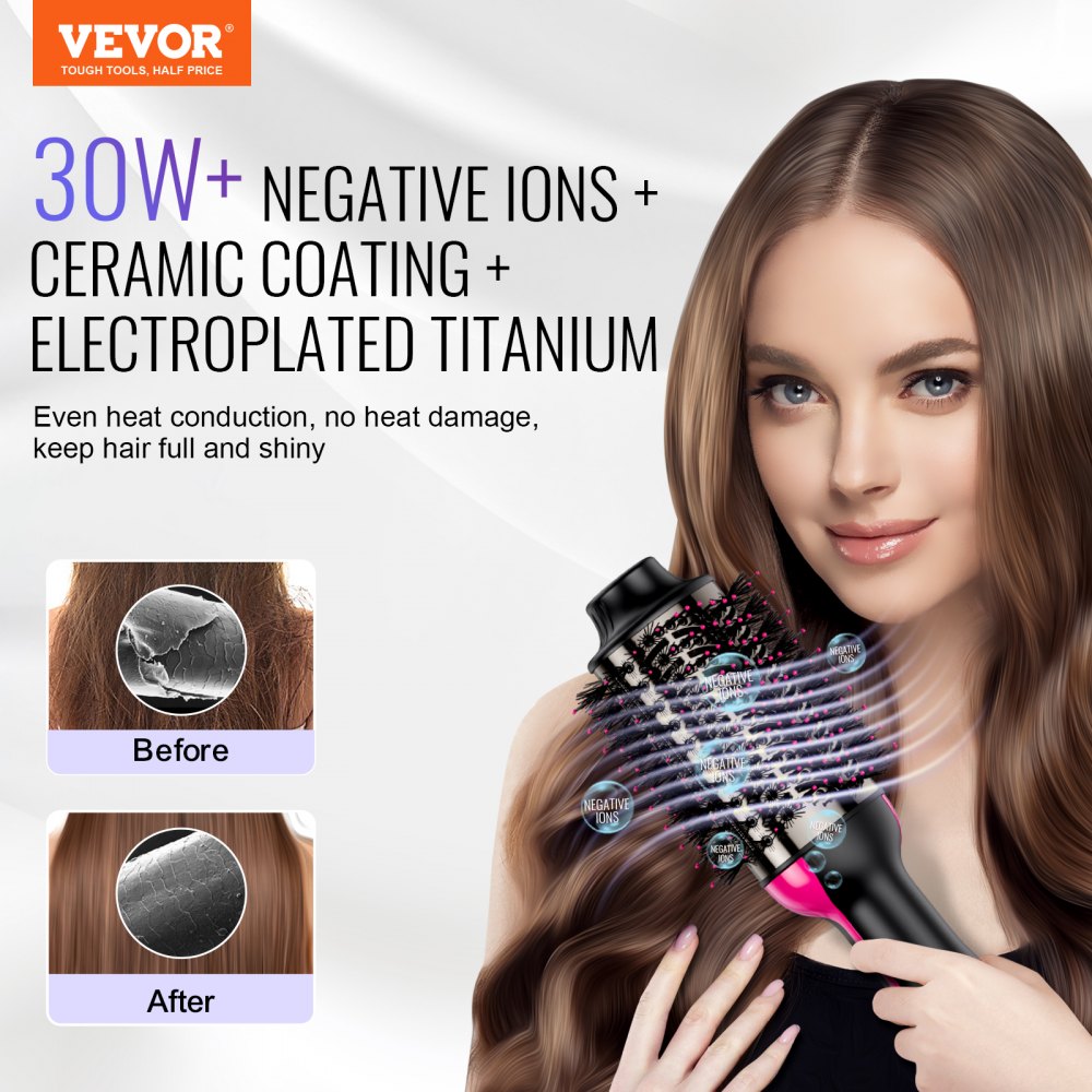 VEVOR Hair Blow Dryer Brush, 4 in 1 Ionic Hair Dryer Styler and Volumizer with Electroplated Titanium & 75mm Ceramic Coating Oval Barrel, 3-Temp Hot Air Styling Brush for Drying Straightening Curling