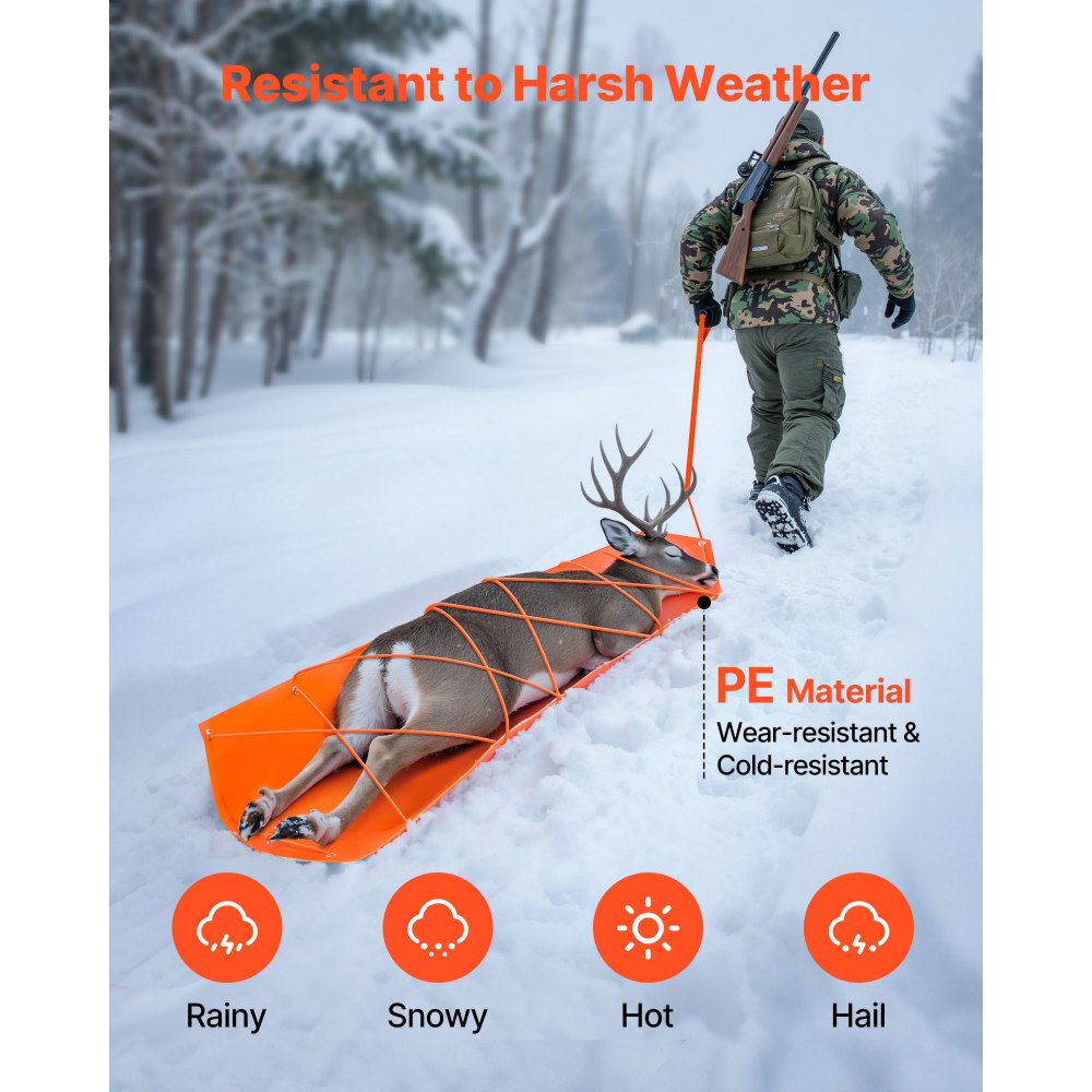 VEVOR Deer Drag Sled, 72.8 x 22.8 in, 550lbs Heavy Duty Yard Utility Sled, Tear-Resistant PE Drag Glider Mat with Ropes & Handle, Thickened Game Hauler for Firewood Ice Fishing Hauling Hunting
