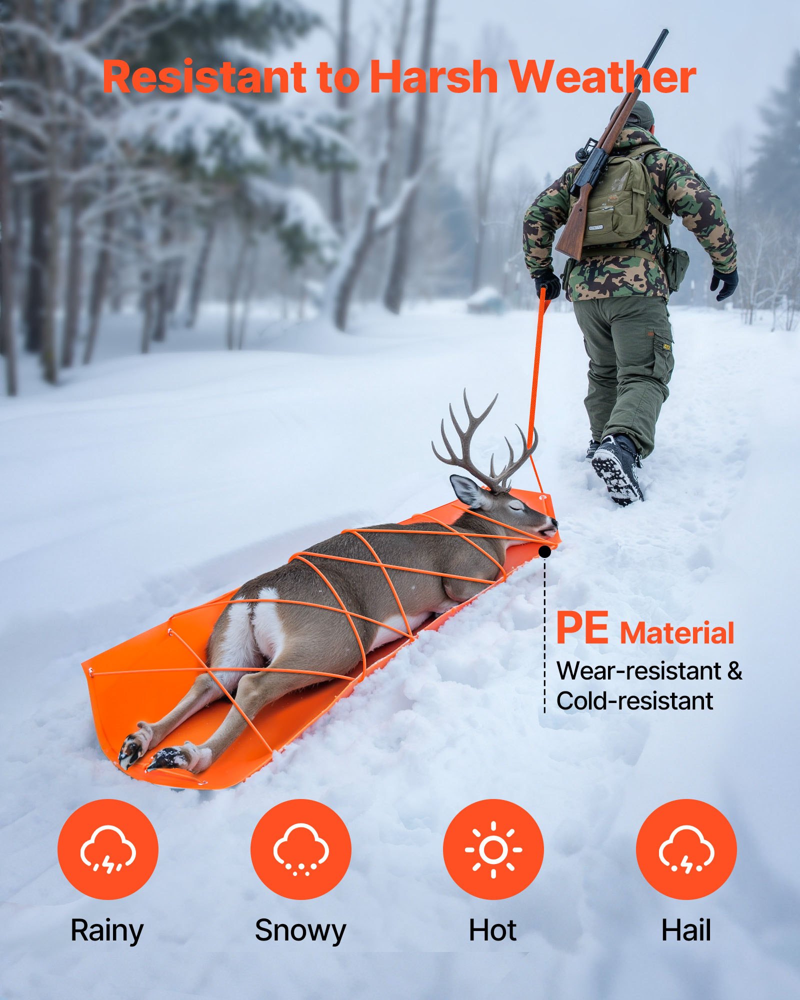 VEVOR Deer Drag Sled, 72.8 x 22.8 in, 550lbs Heavy Duty Yard Utility Sled, Tear-Resistant PE Drag Glider Mat with Ropes & Handle, Thickened Game Hauler for Firewood Ice Fishing Hauling Hunting