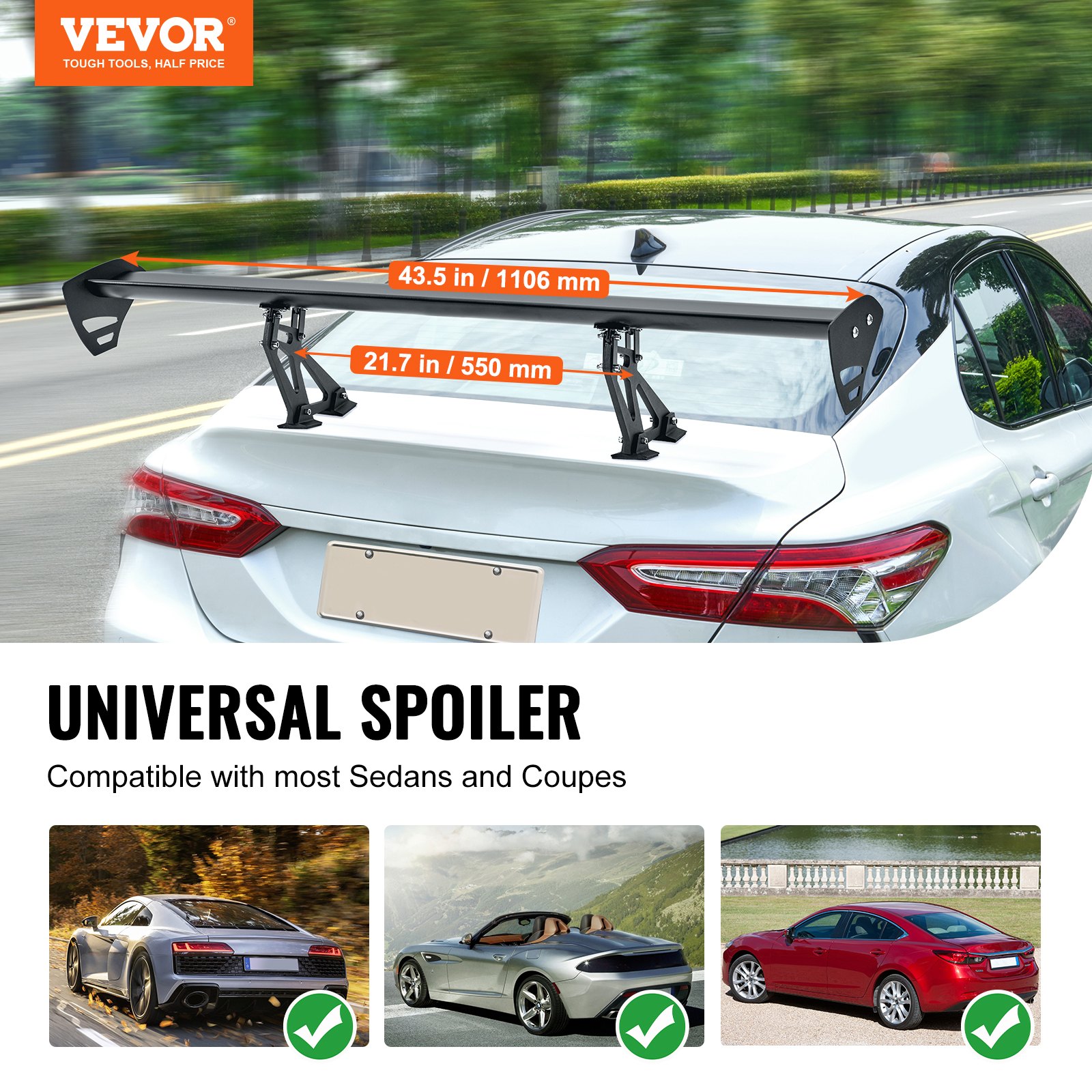 VEVOR GT Wing Autospoiler, 43,3 inch universele spoiler met enkel dek, verstelbare lichtgewicht aluminium, auto achterspoiler, racespoiler BGW/JDM Drift Zwart