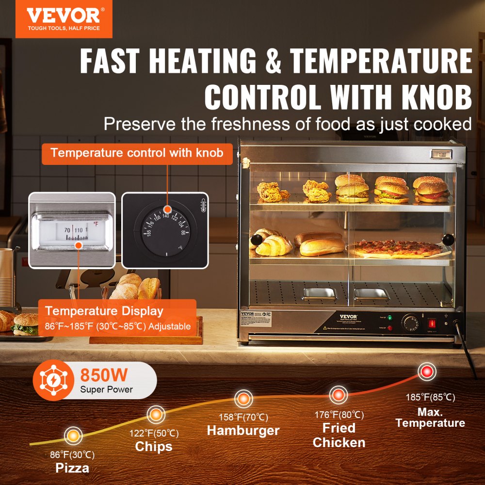 VEVOR 2-laags commerciële voedselverwarmer, 850W voedselverwarmer met gehard glas en stoomverwarming, temperatuurregeling van 30°C tot 85°C, 111L grote capaciteit voor hamburgers, pizza, brood, kip