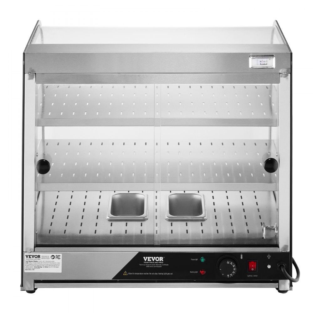 VEVOR 2-laags commerciële voedselverwarmer, 850W voedselverwarmer met gehard glas en stoomverwarming, temperatuurregeling van 30°C tot 85°C, 111L grote capaciteit voor hamburgers, pizza, brood, kip