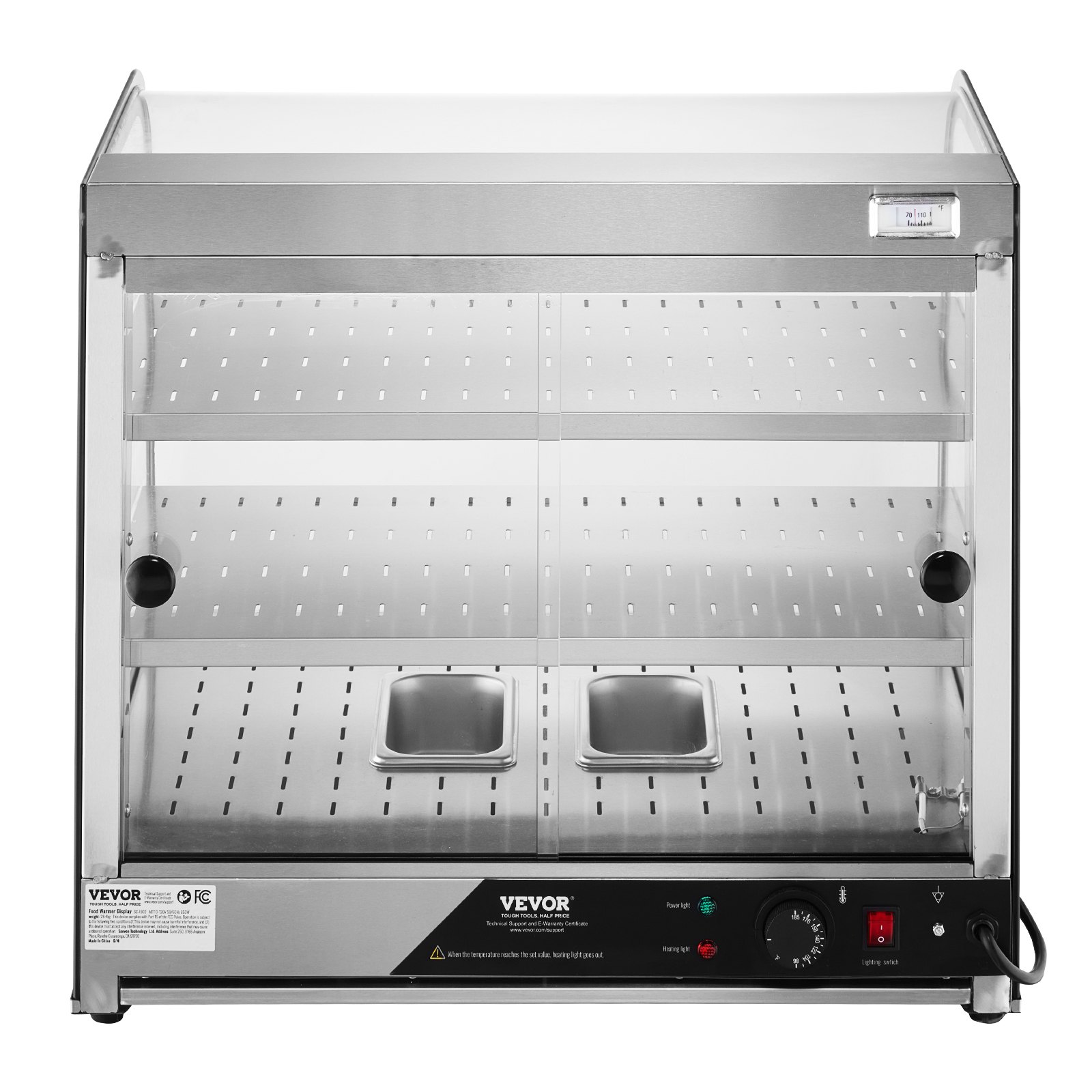 VEVOR 2-laags commerciële voedselverwarmer, 850W voedselverwarmer met gehard glas en stoomverwarming, temperatuurregeling van 30°C tot 85°C, 111L grote capaciteit voor hamburgers, pizza, brood, kip