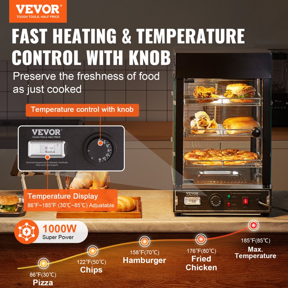 VEVOR 3-Tier Commercial Food Warmer Display, 1000W Food Display Warmer with Light, Adjustable Shelf and Temperature Display, 30℃~85℃ Steam Heating, 57L for Hamburger, Pizza, Bread, Fried Chicken