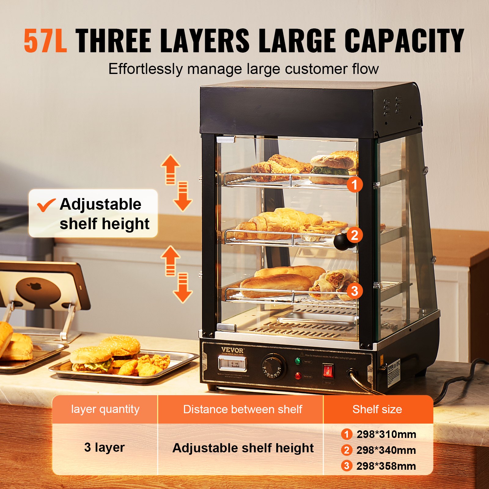 VEVOR 3-Tier Commercial Food Warmer Display, 1000W Food Display Warmer with Light, Adjustable Shelf and Temperature Display, 30℃~85℃ Steam Heating, 57L for Hamburger, Pizza, Bread, Fried Chicken