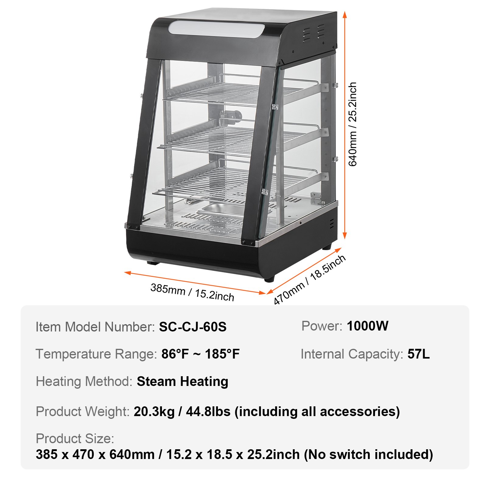 VEVOR 3-Tier Commercial Food Warmer Display, 1000W Food Display Warmer with Light, Adjustable Shelf and Temperature Display, 30℃~85℃ Steam Heating, 57L for Hamburger, Pizza, Bread, Fried Chicken