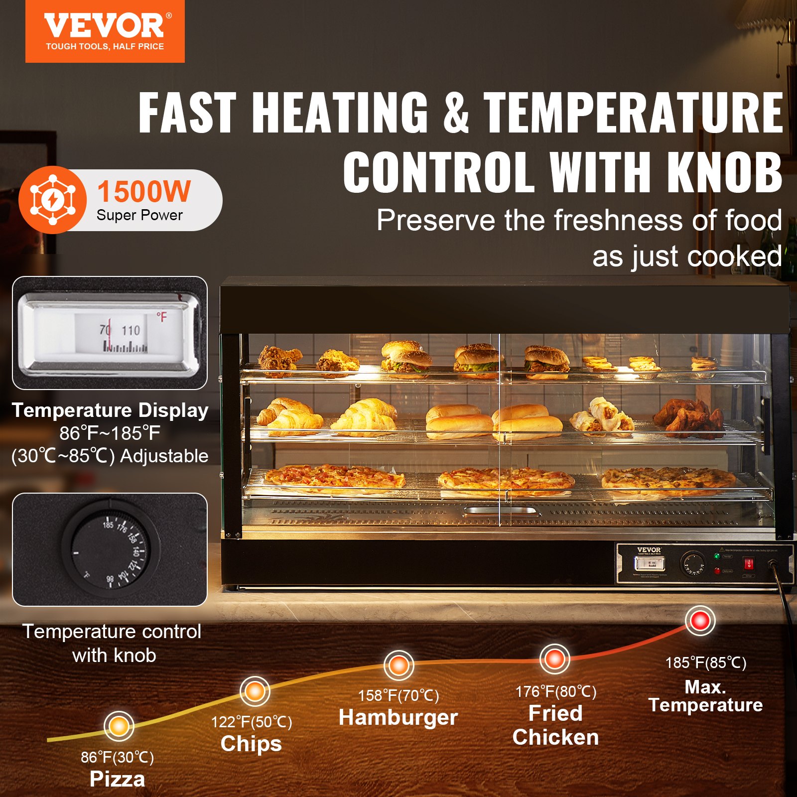 VEVOR 3-laags commerciële voedselverwarmer, 1500W voedselverwarmer met licht, verstelbare plank en temperatuurweergave, 30℃-85℃ stoomverwarming, 180L voor hamburgers, pizza, brood, gefrituurde kip