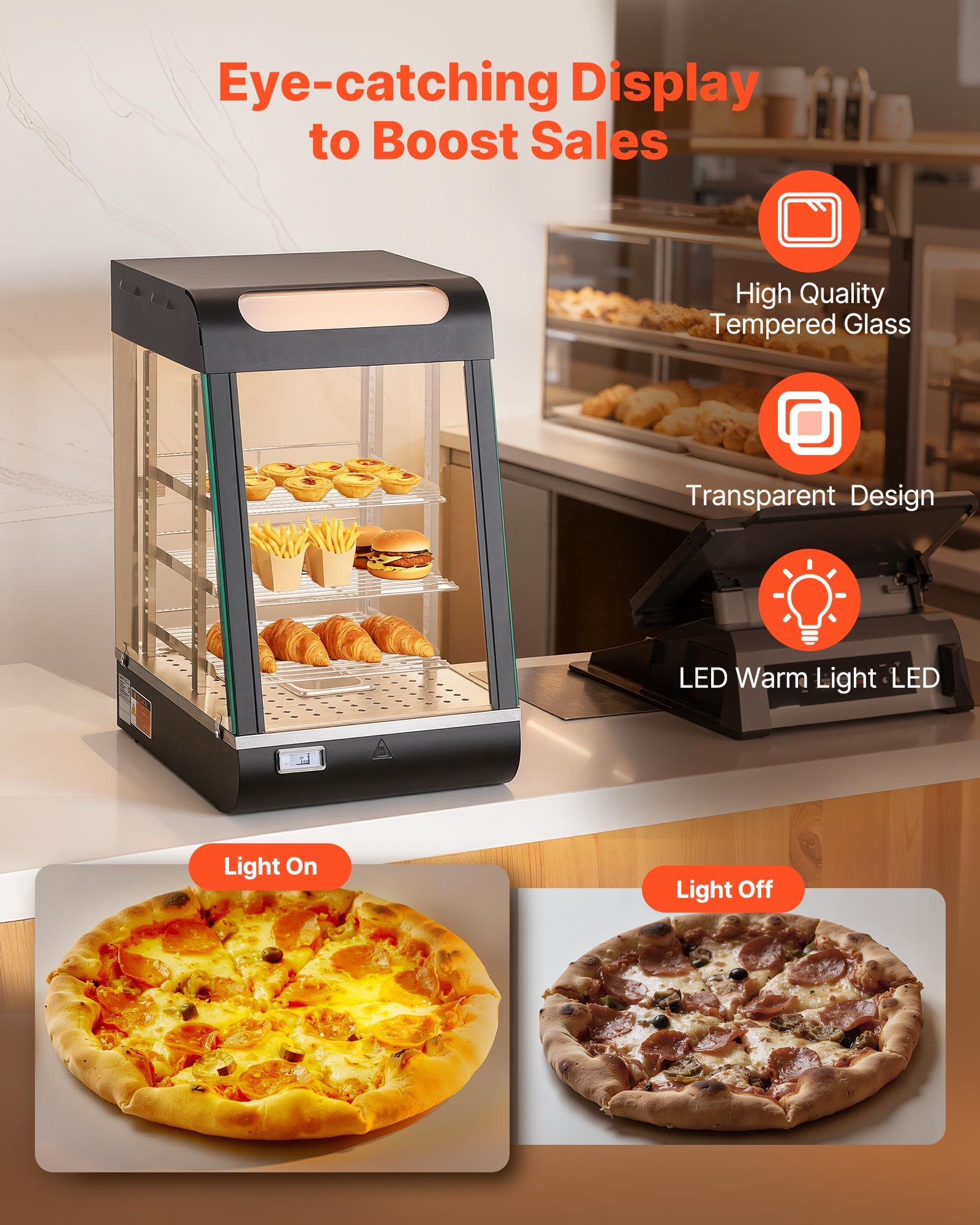 VEVOR 3-laags verwarmde vitrine 57 liter, 800 W, verwarmde vitrine 30–85 °C, voedselwarmer met LED-verlichting en verstelbare schappen, voedselvitrine voor hamburgers, pizza, brood, gebraden kip